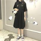 Short Sleeve Plain Dress Black - One Size