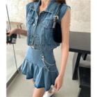 Denim Button-up Cropped Vest / Mini A-line Pleated Skirt