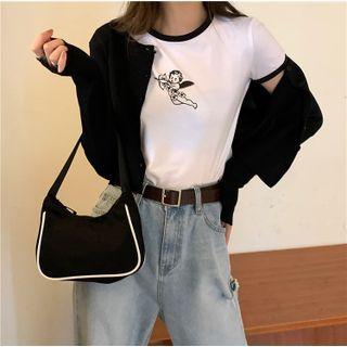 Cartoon Angel Print T-shirt / Cropped Cardigan