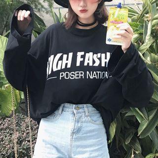 Long Sleeve Printed T-shirt Dress Black - One Size