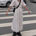 V-neck Puff-sleeve Midi A-line Dress White - One Size
