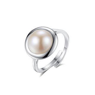 925 Sterling Silver Simple Classic Geometric Round White Freshwater Pearl Adjustable Open Ring Silver - One Size