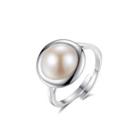 925 Sterling Silver Simple Classic Geometric Round White Freshwater Pearl Adjustable Open Ring Silver - One Size