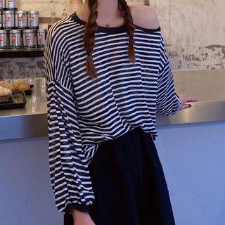 Striped Off Shoulder Long Sleeve T-shirt Black - One Size