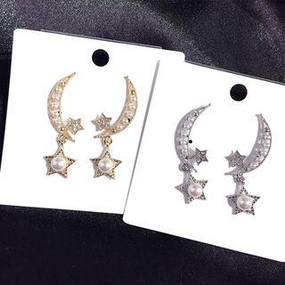 Faux Pearl Rhinestone Moon & Star Earring