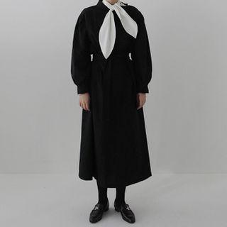 Long-sleeve Midi A-line Dress / Ribbon Tie-neck Blouse