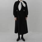 Long-sleeve Midi A-line Dress / Ribbon Tie-neck Blouse