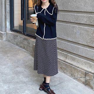 Contrast Trim Cardigan / Dotted Midi Skirt