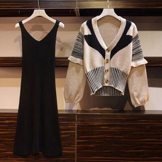 Set: Striped Panel Cardigan + Sleeveless Dress