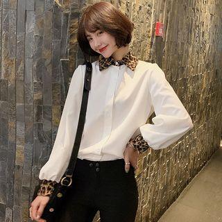 Leopard Print Collar Long-sleeve Blouse / Midi Dotted A-line Skirt