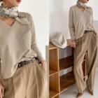 V-neck Long-sleeve Knit Top Oatmeal - One Size
