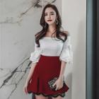 Set: Plain Off Shoulder Elbow Sleeve Blouse + Lace Hem Flared Skirt