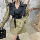 Mock Two-piece Faux Leather Panel Double-breasted Coat Coat - Black & Army Green - One Size