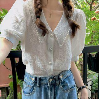Puff-sleeve Collared Faux Pearl Top