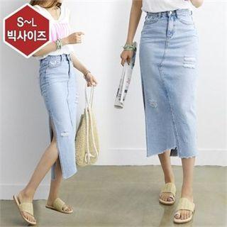 Slit-trim Distressed Denim Skirt