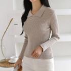 Collared Fitted Rib-knit Top