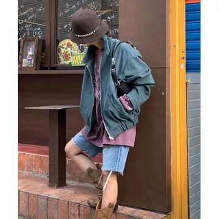 Collared Suedette Blouson Jacket Blue Green - One Size