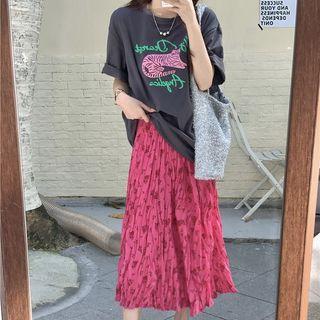 Short-sleeve Cat Print T-shirt / Floral Print Midi A-line Skirt