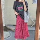 Short-sleeve Cat Print T-shirt / Floral Print Midi A-line Skirt