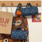 Lettering Top Handle Barrel Crossbody Bag With Badge - Blue - One Size