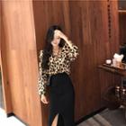 Leopard Long-sleeve Shirt / A-line Midi Knit Skirt