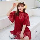 Set: Lace Panel Swimdress + Short-sleeve Lace Top