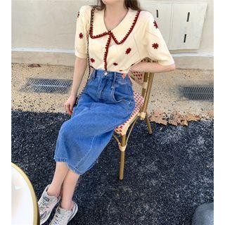 Flower Embroidered Short-sleeve Knit Top / High-waist Denim Skirt