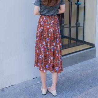 Floral Print Pleated Midi Skirt Floral - Maroon - One Size