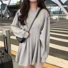 Plain Long-sleeve A-line Dress Gray - One Size