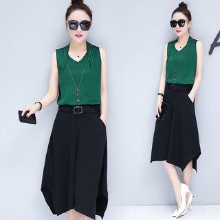 Set: Sleeveless Necklace-accent Top + Capri Asymmetric Hem Wide-leg Pants