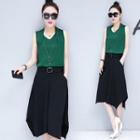 Set: Sleeveless Necklace-accent Top + Capri Asymmetric Hem Wide-leg Pants
