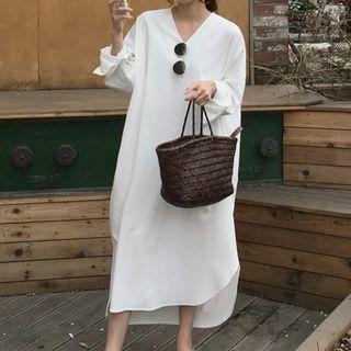 Long-sleeve V-neck Plain Dress White - One Size
