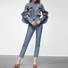 Set: Ruffle Trim Blouse + Cropped Straight-fit Jeans