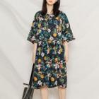 Floral Print Short-sleeve A-line Midi Dress