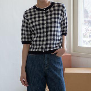 Elbow-sleeve Gingham Cardigan