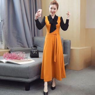 Tie-neck Long-sleeve Maxi Mock Two-piece Dress