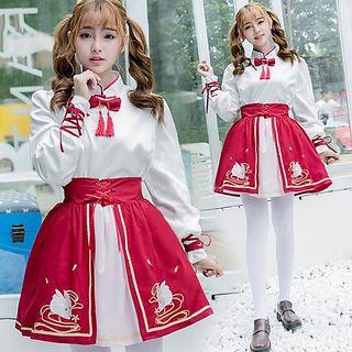 Bow Mandarin Collar Blouse / Rabbit Embroidered A-line Skirt