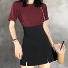Short-sleeve Plain T-shirt / High-waist A-line Slit Skirt