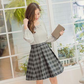 Beaded Plaid Panel A-line Dress