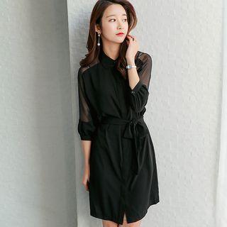 Sheer-panel A-line Shirtdress With Sash