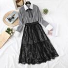 Set: Bow-accent Long Shirt + Lace Skirt