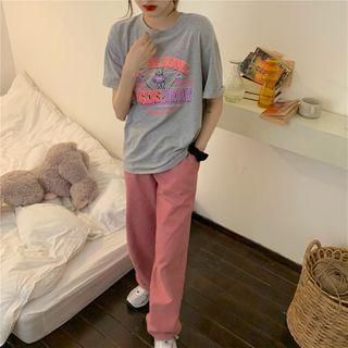 Short Sleeve Bear Printed T-shirt / Corduroy Pants