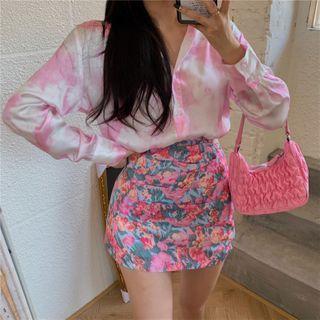 Tie Dye Shirt / Floral Print Mini Skirt