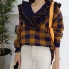 Frilled-collar Checked Knit Top
