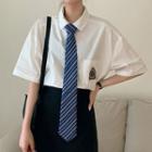 Couple Matching Set: Embroidered Short-sleeve Shirt + Striped Tie Set Of 2 - Shirt - White - One Size / Tie - Blue - One Size