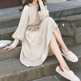 Tie-waist Midi A-line Knit Dress