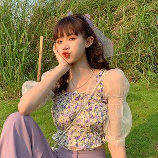 Puff-sleeve Mesh Blouse / High-waist Wide-leg Pants / Floral Print Camisole Top