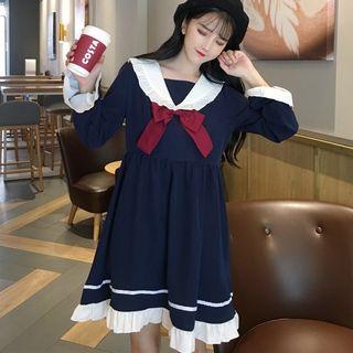 Long-sleeve Sailor Collar Dress Blue - One Size