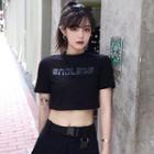 Lettering Short-sleeve Crop Top Black - One Size