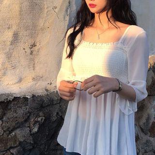 Square-neck Shirred Elbow-sleeve Top